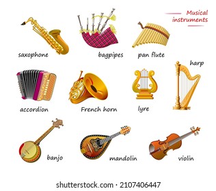 Names of Musical instruments in English. Set of illustrations for encyclopedia or for kids school textbook. Educational page for children to study English language and words. Online education.