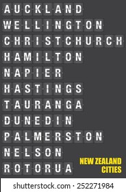 Names of New Zealand cities on old fashion split-flap display like travel destinations in airport flight information display system and railway stations timetable. Vector illustration.