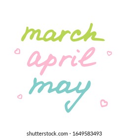 Nombres del mes de primavera. Marzo, abril y puede en estilo dibujado a mano.