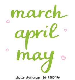Nombres del mes de primavera. Marzo, abril y puede en estilo dibujado a mano.