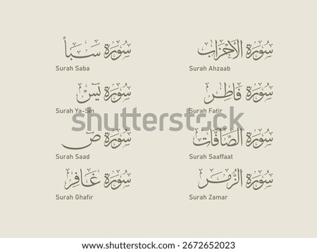 Names of the Surahs of the Qur’an, with a beige background, in Thuluth script