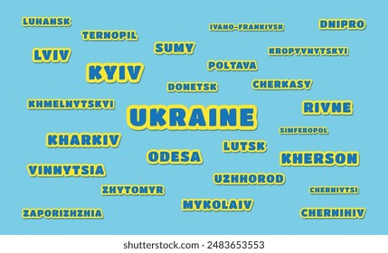 Nombres de ciudades ucranianas. Ilustración vectorial. Colores azul y amarillo. Ucrania, Kiev, Odesa, Lviv, Kharkiv. Colección de ciudades ucranianas.