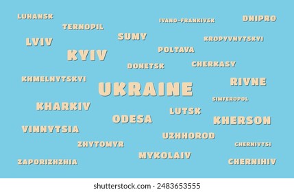 Nombres de ciudades ucranianas. Ilustración vectorial. Colores azul y amarillo. Ucrania, Kiev, Odesa, Lviv, Kharkiv. Colección de ciudades ucranianas.