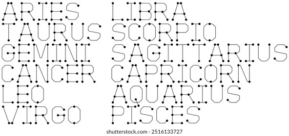 Names of the Zodiac. Constellations Typography. Starry Sky Vector Lettering. Line Letters.