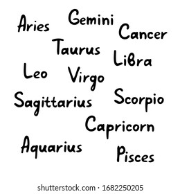 Names of the zodiac signs. Set of hand drawn horoscope inscriptions