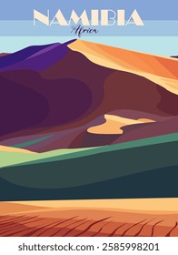 Namibia, Africa travel destination poster in retro style. Desert landscape digital print. Colorful flat vector art illustration