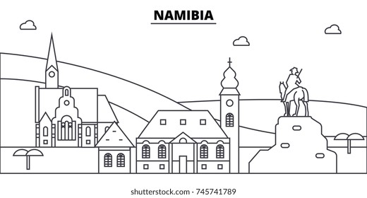 Namibia architecture skyline buildings, silhouette, outline landscape, landmarks. Editable strokes. Urban skyline illustration. Flat design vector, line concept