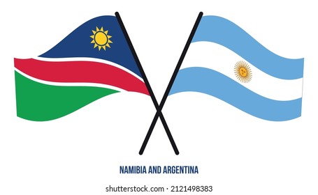 Banderas de Namibia y Argentina Cruzadas y ondeando estilo plano. Proporción oficial. Colores correctos.