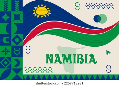 Namibia banner with cultural design. Independence day design for Namibia celebration. Modern neo geometric retro design with flag, map and abstract icons. Blue and Green. Vector Illustration