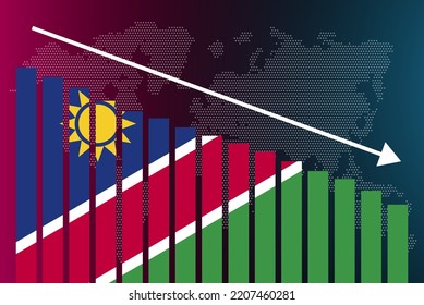 Namibia bar chart graph, decreasing values, crisis and downgrade concept, Namibia flag on bar graph, down arrow on data, news banner idea, fail and decrease, financial statistic