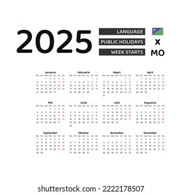 Namibia Calendar 2025. Week starts from Monday. Vector graphic design. Afrikaans language.