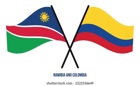 Banderas de Namibia y Colombia Cruzadas y ondeando estilo plano. Proporción oficial. Colores correctos.