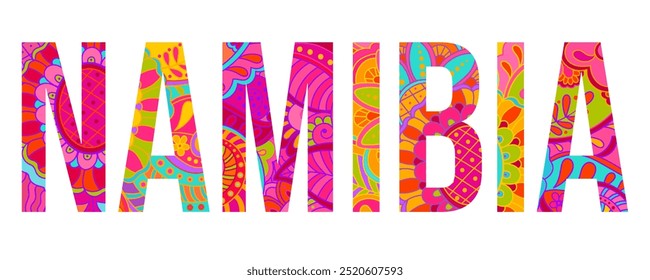 Namibia country creative text design filled with hand drawn colorful doodle pattern	