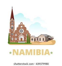 Plantilla de diseño del imán de Namibia. La vista histórica estilo caricatura plana muestra la ilustración vectorial del sitio web. Viajes de vacaciones en el mundo Colección africana. Iglesia de Cristo del Pueblo fantasma de Kolmanskop.