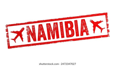 Namibia - a country in southwest Africa, is distinguished by the Namib Desert along its Atlantic Ocean coast, text emblem stamp with airplane