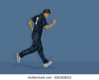 Namibia Cricket Player Raising Index Finger In Irregular Dots Effect And Copy Space On Blue Background.