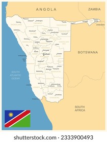 Namibia - detaillierte Karte mit Verwaltungsabteilungen und Landesflagge. Vektorgrafik
