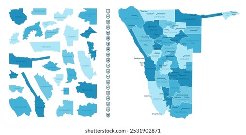 Namibia - detailed map of the country in blue colors, divided into regions. Infographic icons. Vector illustration.