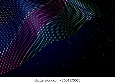 Namibia digital flag made of dots, waving over a starry dark background