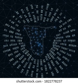 Namibia digital map. Binary rays radiating around glowing country. Internet connections and data exchange design. Vector illustration.