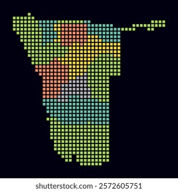 Namibia dotted map. Digital style map of the country on dark background. Namibia shape with square dots. Colored dots style. Large size squares. Vibrant vector illustration.