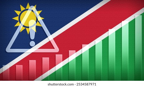 Namibia flag with burlap texture, warning sign, and rising bar chart symbolizing increasing risk or growth challenges in the country. Ideal for data presentations.