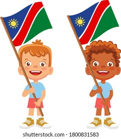 Namibia flag in hand. Children holding flag. National flag of Namibia vector