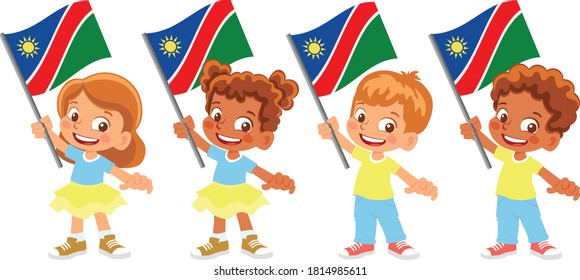 Bandera de Namibia en mano. Niños con bandera. Bandera nacional del vector de Namibia