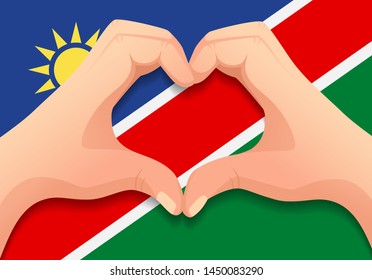 Namibia flag and hand heart shape. Patriotic background. National flag of Namibia vector illustration