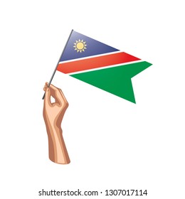 Namibia flag and hand on white background. Vector illustration