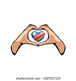 Namibia flag and hand on white background. Vector illustration