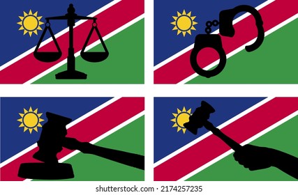 Namibia flag with justice vector silhouette, judge gavel hammer and scales of justice and handcuff silhouette on country flag, Namibia law concept, design asset, freedom idea
