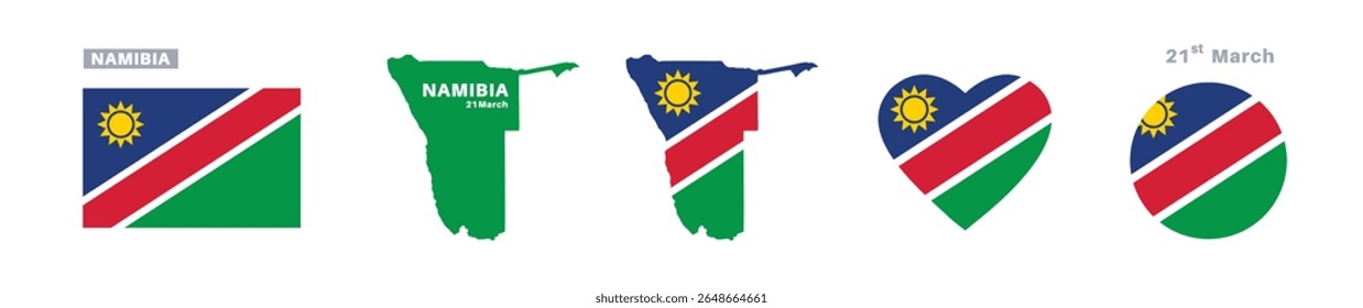 Conjunto de mapas e bandeiras da Namíbia. Bandeira da Namíbia em cores e proporções oficiais Dia da Independência 21 de março , mapa, círculo e coração em forma Namíbia