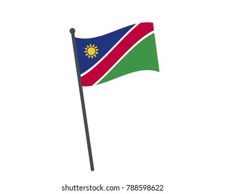 Namibia flag. The national flag of Namibia on a pole. The waving flag. The sign and symbol of the country. Realistic vector on white.