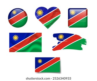 Namibia flag set of icons. Vector flag of Namibia, symbol. Set of Namibian flags button, brush, waved, heart.