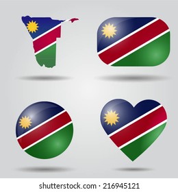 Namibia flag set in map, oval, circular and heart shape.
