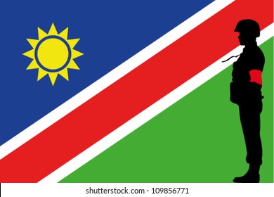 The Namibia flag and the silhouette of a soldier with Red Arm Band