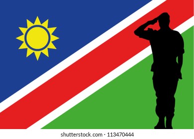 The Namibia flag and the silhouette of a soldier saluting