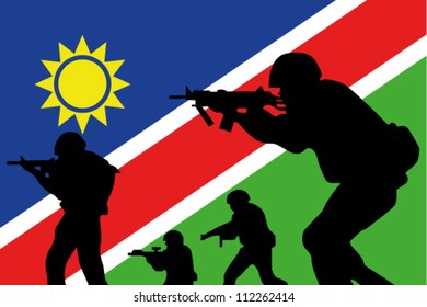 The Namibia flag and the silhouette of a soldiers