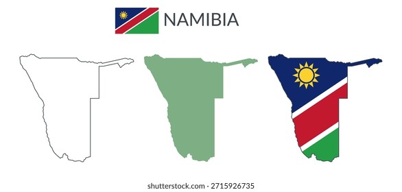 Fronteiras geográficas da Namíbia isoladas sobre fundo branco. Bandeira da Namíbia. Cliparts planas vetoriais.