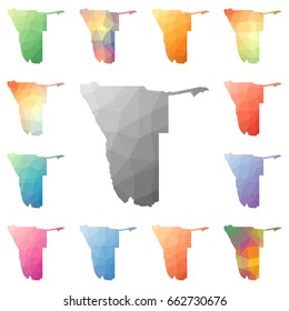 Namibia geometric polygonal, mosaic style maps collection. Bright abstract tessellation, low poly style, modern design. Namibia polygonal maps for your infographics or presentation.