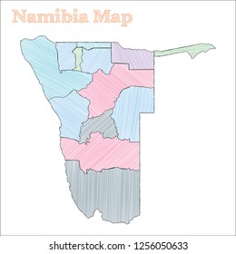 Namibia hand-drawn map. Colorful sketchy country outline with provinces. Vector illustration.