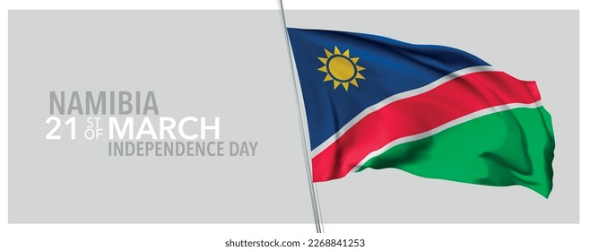 Tarjeta de saludo del Día de la Independencia de Namibia, cartel con ilustraciones del vector de texto de plantilla. Elemento de diseño conmemorativo namibio 21 de marzo con bandera 3D con rayas
