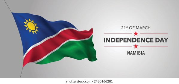 Namibia happy independence day greeting card, banner with template text vector illustration. Namibian memorial holiday 21st of March design element with 3D flag with stripes