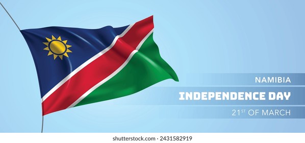 Namibia Happy Independence Day Grußkarte, Banner Vektor-Illustration. Namibischer Nationalfeiertag 21. März Design-Element mit 3D-Flagge