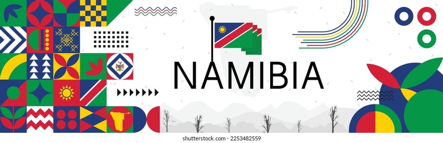 Día de la Independencia de Namibia Diseño de Banner con nombre y mapa. Bandera de color temática Geométrica abstracta retro diseño de banner moderno. Plantilla de ilustración vectorial de color azul, rojo, amarillo y verde.