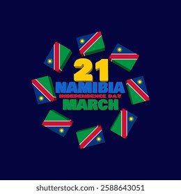 Namibia Independence Day to celebrate on March 21st. Three dimensional bold text style with the flag of Namibia on dark blue background. Happy Independence Day.
