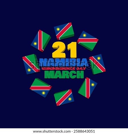 Namibia Independence Day to celebrate on March 21st. Three dimensional bold text style with the flag of Namibia on dark blue background. Happy Independence Day.
