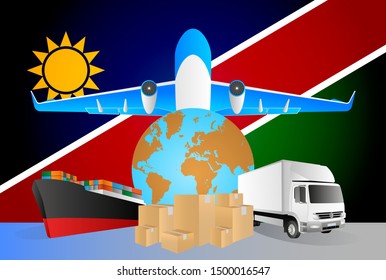 Namibia logistics concept illustration. National flag of Namibia from the back of globe, airplane, truck and cargo container ship