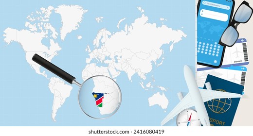 Namibia is magnified over a World Map, illustration with airplane, passport, boarding pass, compass and eyeglasses. Vector illustration.
